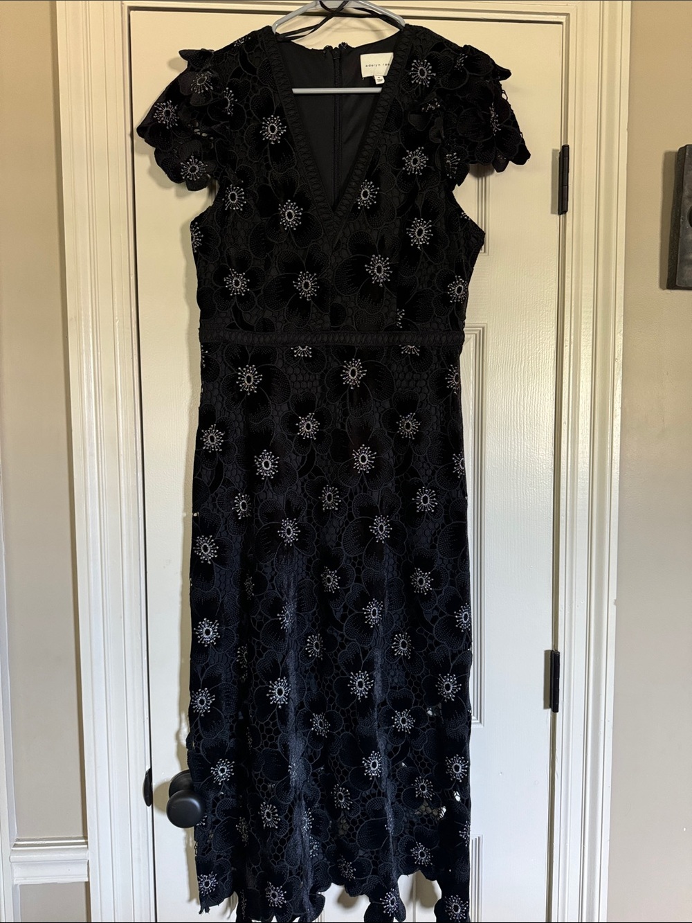 Adelyn Rae Elegant Black Lace  Midi Dress with velvet Floral Appliqué